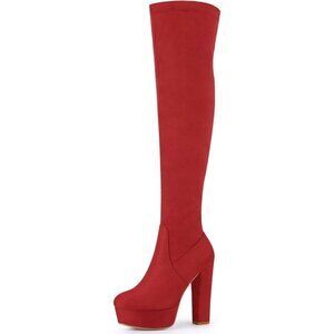 Women Red Suede Chunky Heel Rounded Toe Over the Knee Thigh High Long Boots